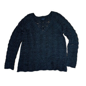 American Eagle Women’s Sweater Size Large Black Crochet Knit V-Neck Cottagecore